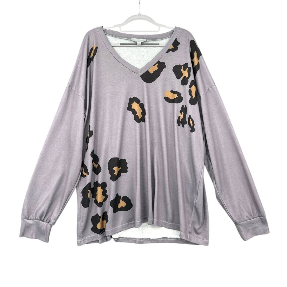 LUUKSE Leopard Print Long Sleeve V-Neck Loose‎ Fit Top Casual 1X